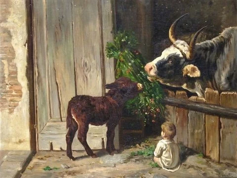 Valerio Laccetti - Bambino, mucca e asinello nella stalla